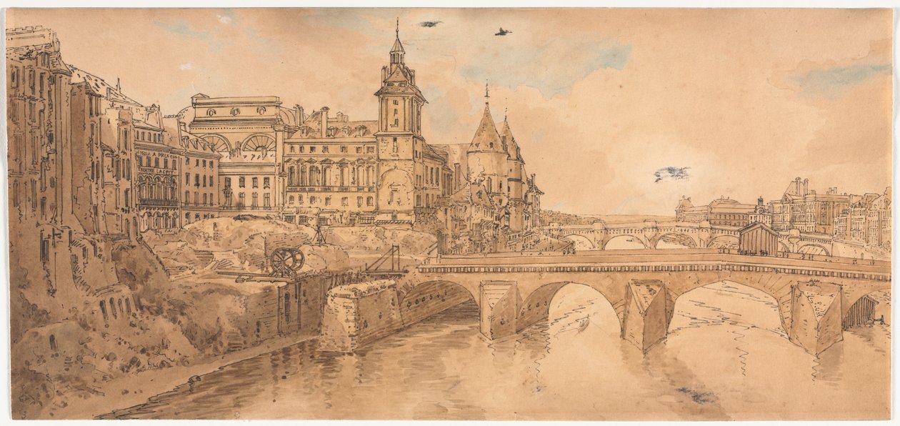 Valikoima kahdestakymmenestä Pariisin kauneimmasta näkymistä: Näkymä Pont au Changelle, kaupunginteatterille, Pont Neufiin, Conciergerie-vankilaan ja otettu Pont Notre Damesta tekijältä Thomas Girtin