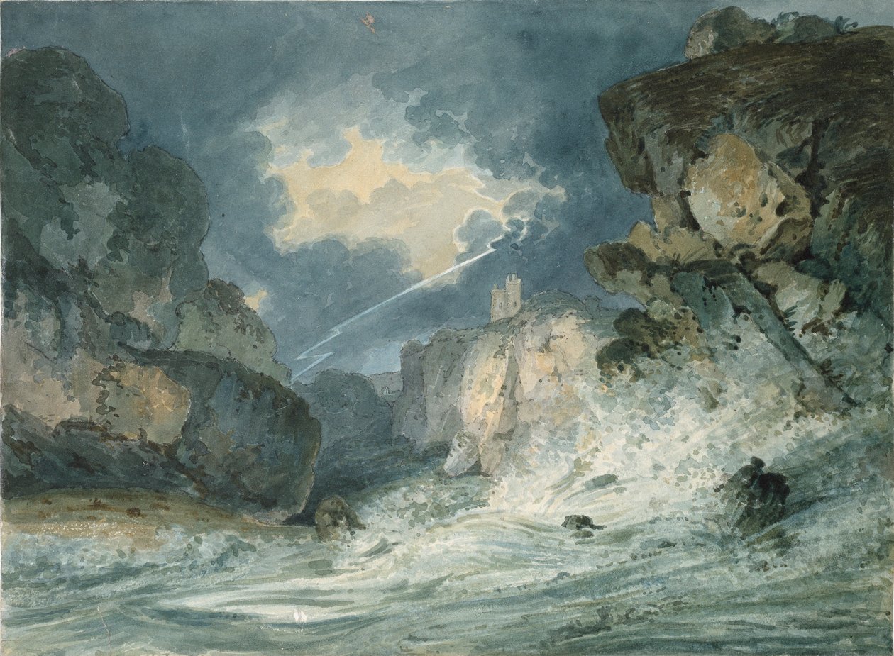 Dunstanburghin linna, Northumberland, ukkosmyrskyssä vuonna 1794 tekijältä Thomas Girtin