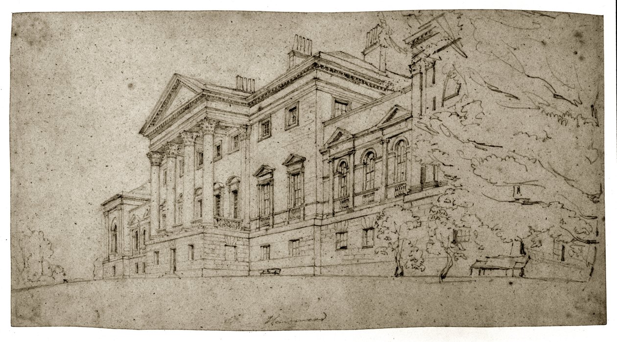Harewood House, Yorkshire, noin 1798 (grafiitti kuvioidulle vellapaperille). tekijältä Thomas Girtin