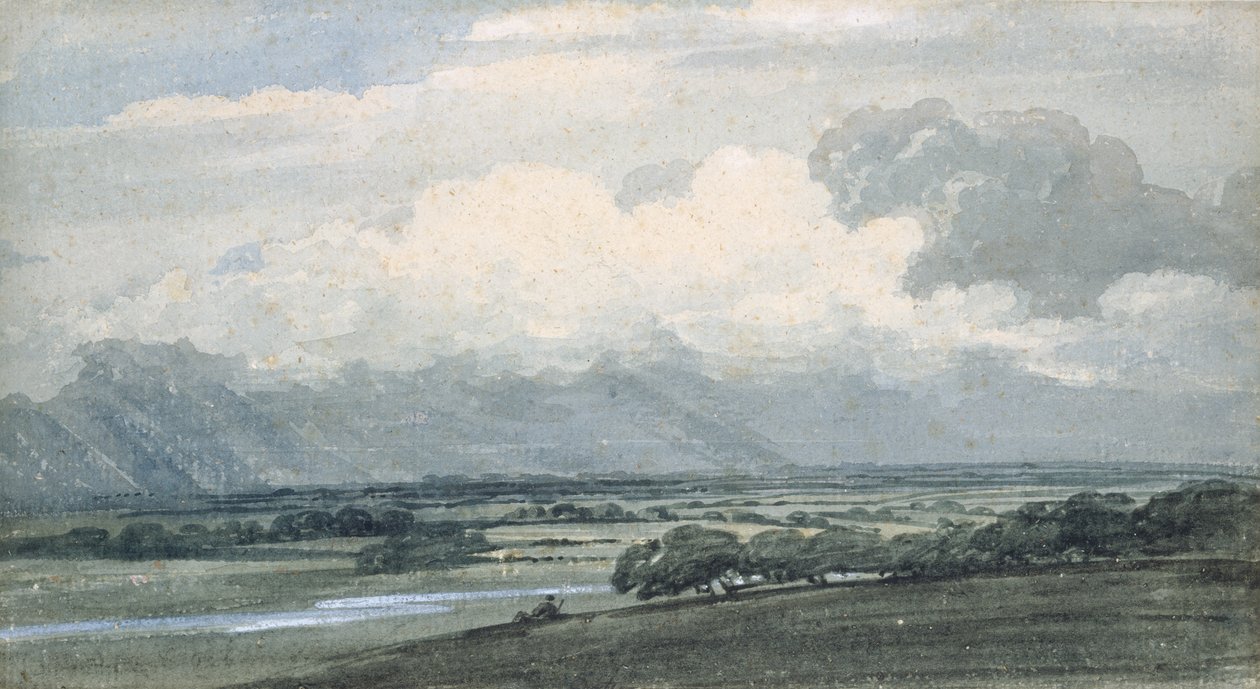 Maisema myrskyisellä taivaalla, n.1800 (vesiväri ja vartaloväri paperille) tekijältä Thomas Girtin