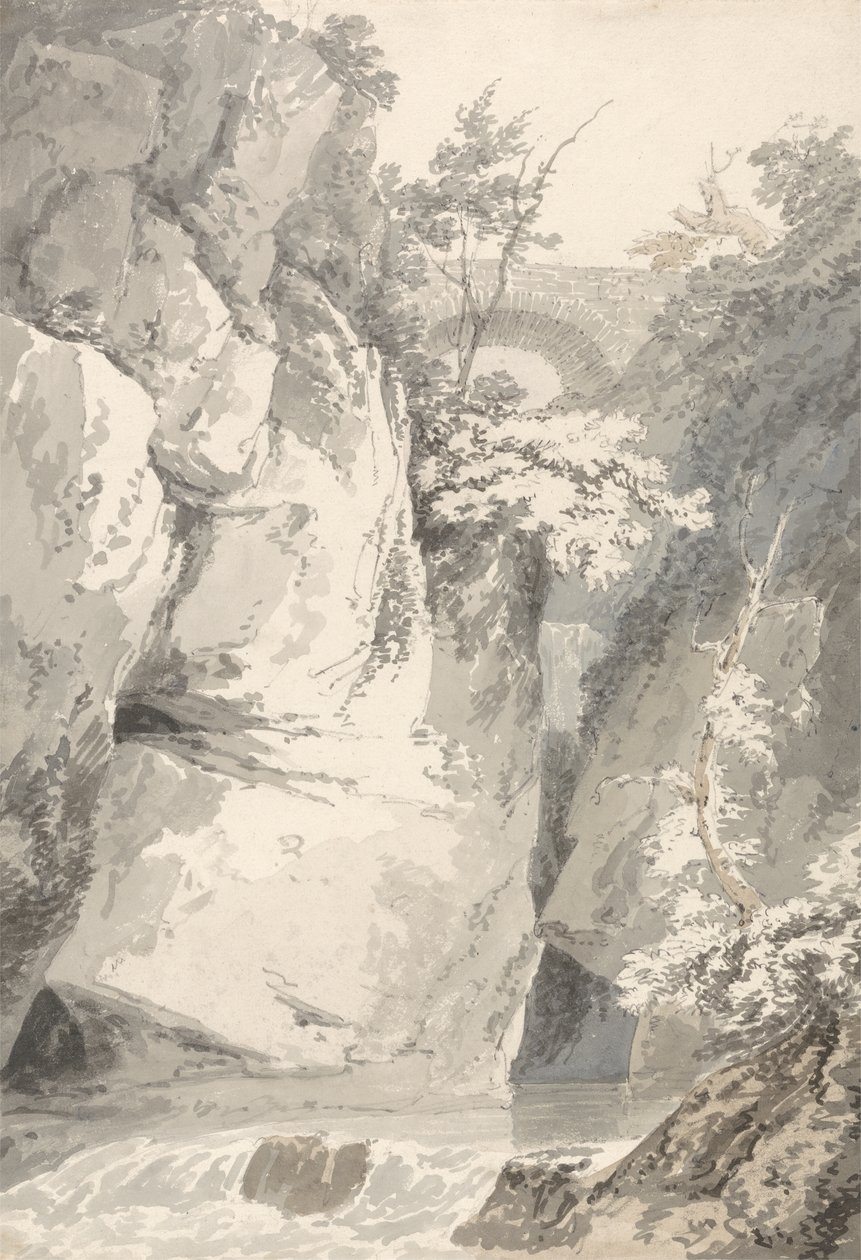 Lago di Comon rannalla, n. 1796 (pesu grafiitilla paperilla) tekijältä Thomas Girtin