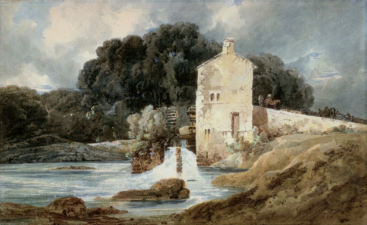 The Abbey Mill, Knaresborough, n. 1801 (akvarelliväri grafiitin päällä taitetulla paperilla) tekijältä Thomas Girtin