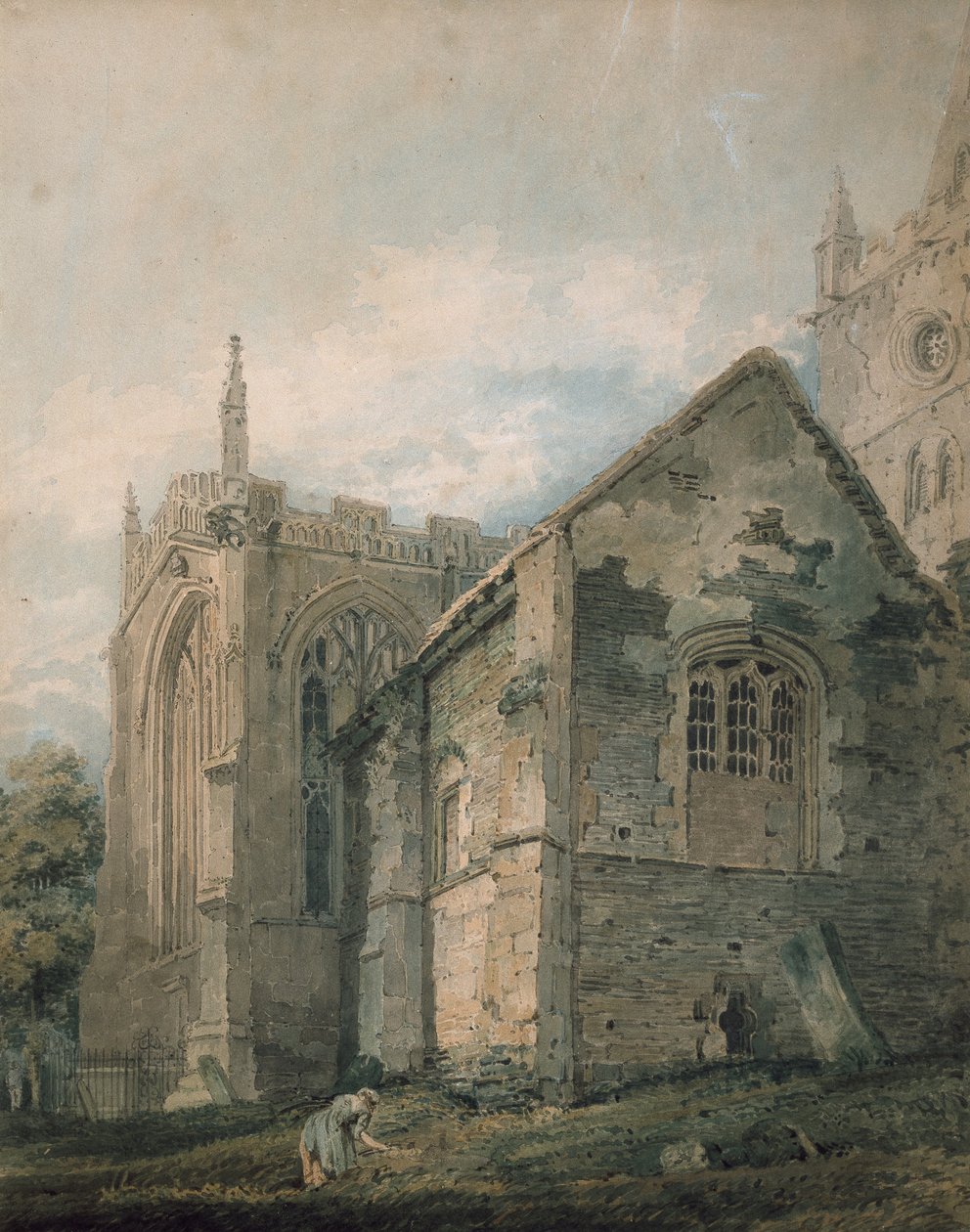 Muinainen Charnel House, Holy Trinity Church, Stratford-upon-Avon (akvarelli grafiitilla, kosketettu ruokokynällä) tekijältä Thomas Girtin