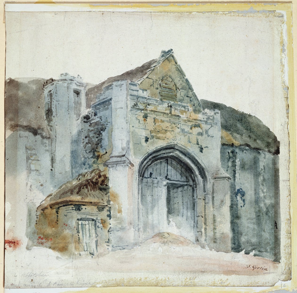The Tithe Barn, Abbotsbury (akvarelli paperille) tekijältä Thomas Girtin
