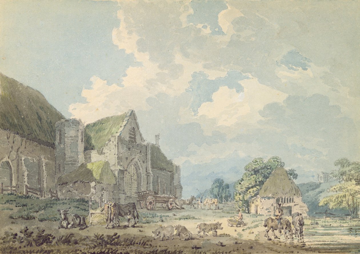 The Tithe Barn Abbotsburyssa ja Abbey kukkulalla..., n. 1795 (wc grafiitin päällä paperilla) tekijältä Thomas Girtin