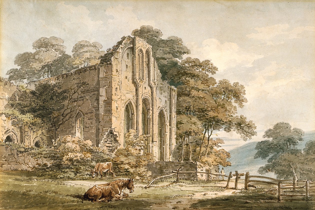 Valle Crucis Abbey, Denbighshire, North Wales (akvarelli lyijykynällä valkoisella kudottupaperilla) tekijältä Thomas Girtin