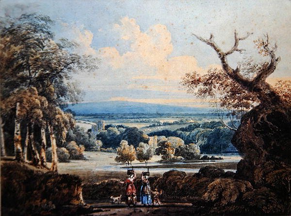 Näkymä Arundelin linnasta, jossa maalaisnaiset etualalla, n. 1796 (akvarelli paperille) tekijältä Thomas Girtin