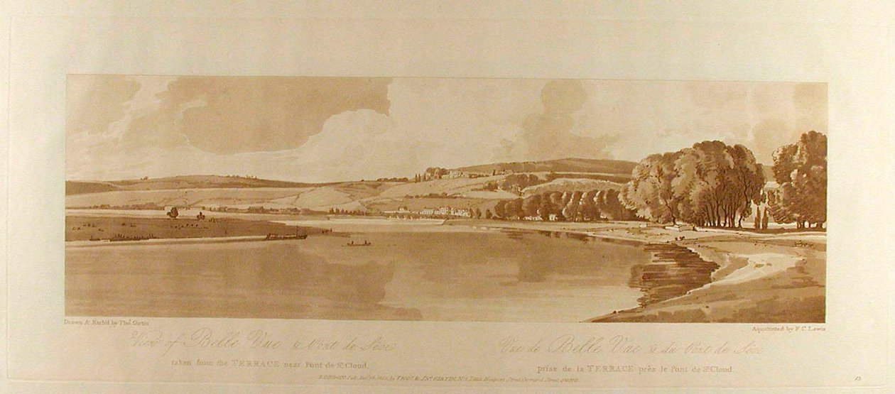 Blick auf Belle Vue & Pont du Sève von der Terrasse in der Nähe von Pont du St. Cloud tekijältä Thomas Girtin
