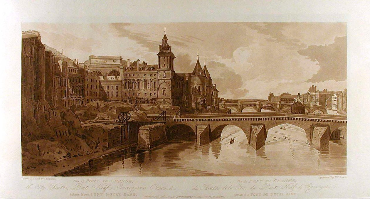 Näkymä Pont au Changelle, kaupunginteatteriin, Pont Neufille, Conciergerien vankilaan jne. Pont Notre-Damelta nähtynä tekijältä Thomas Girtin