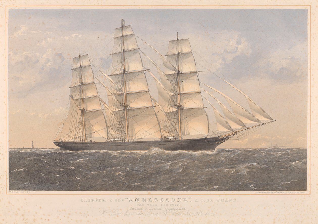 Clipper Ship Ambassador, A.1. 16 vuotta... William Lund Esquire  muut (omistajat) William Walker Esquire (rakentajat). tekijältä Thomas Goldsworth Dutton
