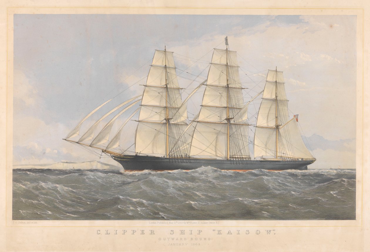Clipperilaiva Kaisow menosuuntaan, tammikuu 1869, noin 1868-74 (värillinen litografia). tekijältä Thomas Goldsworth Dutton