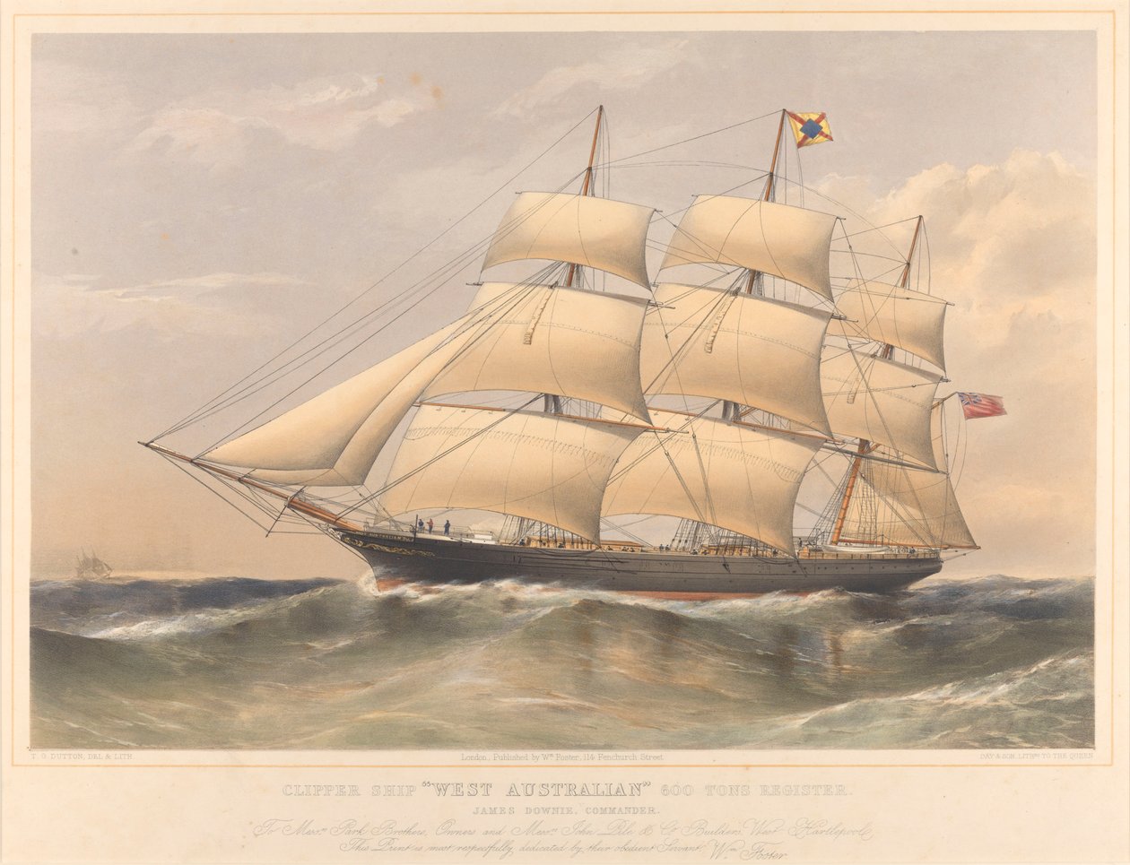 Clipper Ship West Australian 600 Tons Register, noin 1857-60 (litografia, värillinen) tekijältä Thomas Goldsworth Dutton