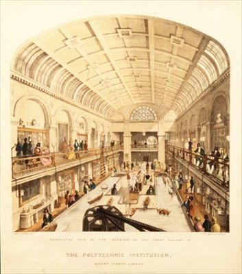 Sisäkuva Polyteknillisen oppilaitoksen Suuresta galleriasta, Regent Street, n. 1838 (värilitho) tekijältä Thomas Goldsworth Dutton