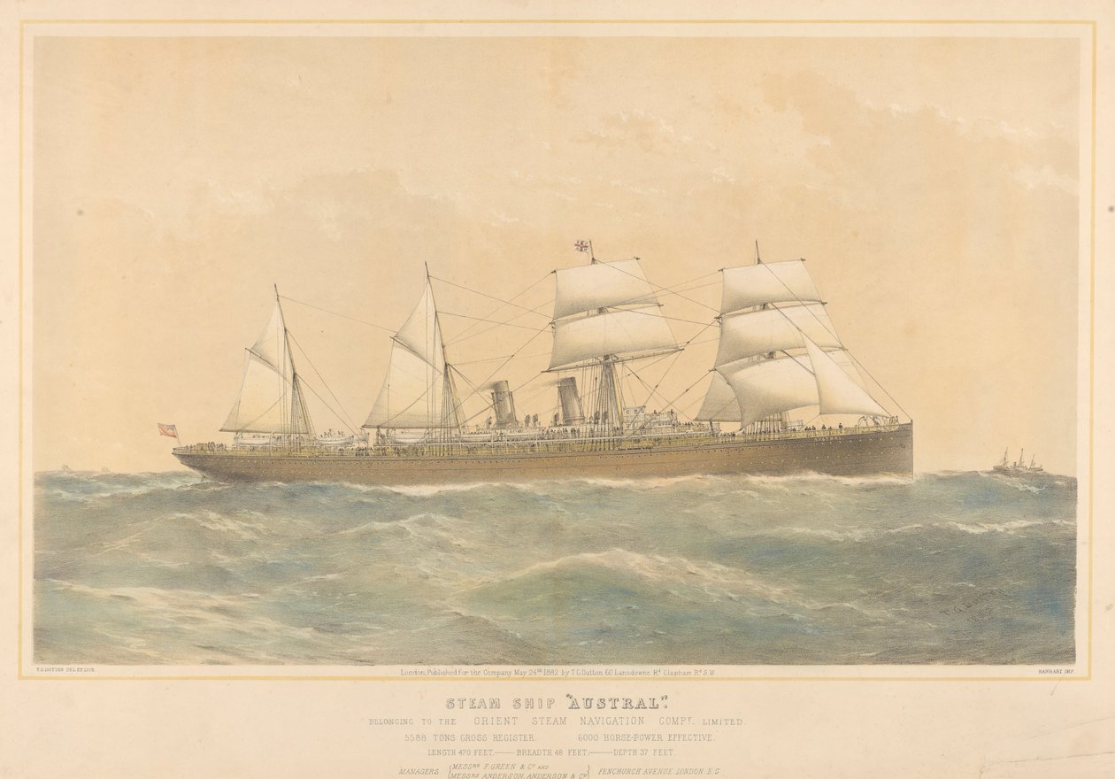 Orient Steam Navigation Company Limitedin höyrylaiva Austral, noin 1868-74 (värillinen litografia). tekijältä Thomas Goldsworth Dutton