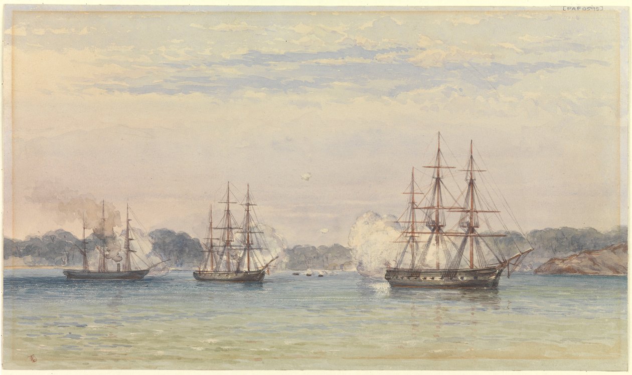Kiinan sota 1857, kolme HM:n laivaa pommittaa ja laivaveneet rannikolla. tekijältä Thomas Goldsworth Dutton