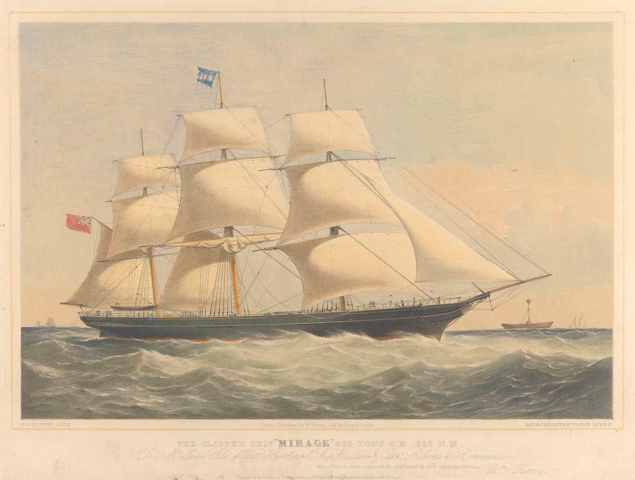 The Clipper Ship Mirage, 965 tonnia, noin 1853-57 (litografia, värillinen). tekijältä Thomas Goldsworth Dutton