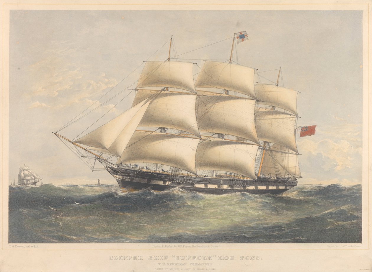 Clipper-laiva Suffolk 1100 Tons, noin 1857-60 (litografia, värillinen). tekijältä Thomas Goldsworth Dutton