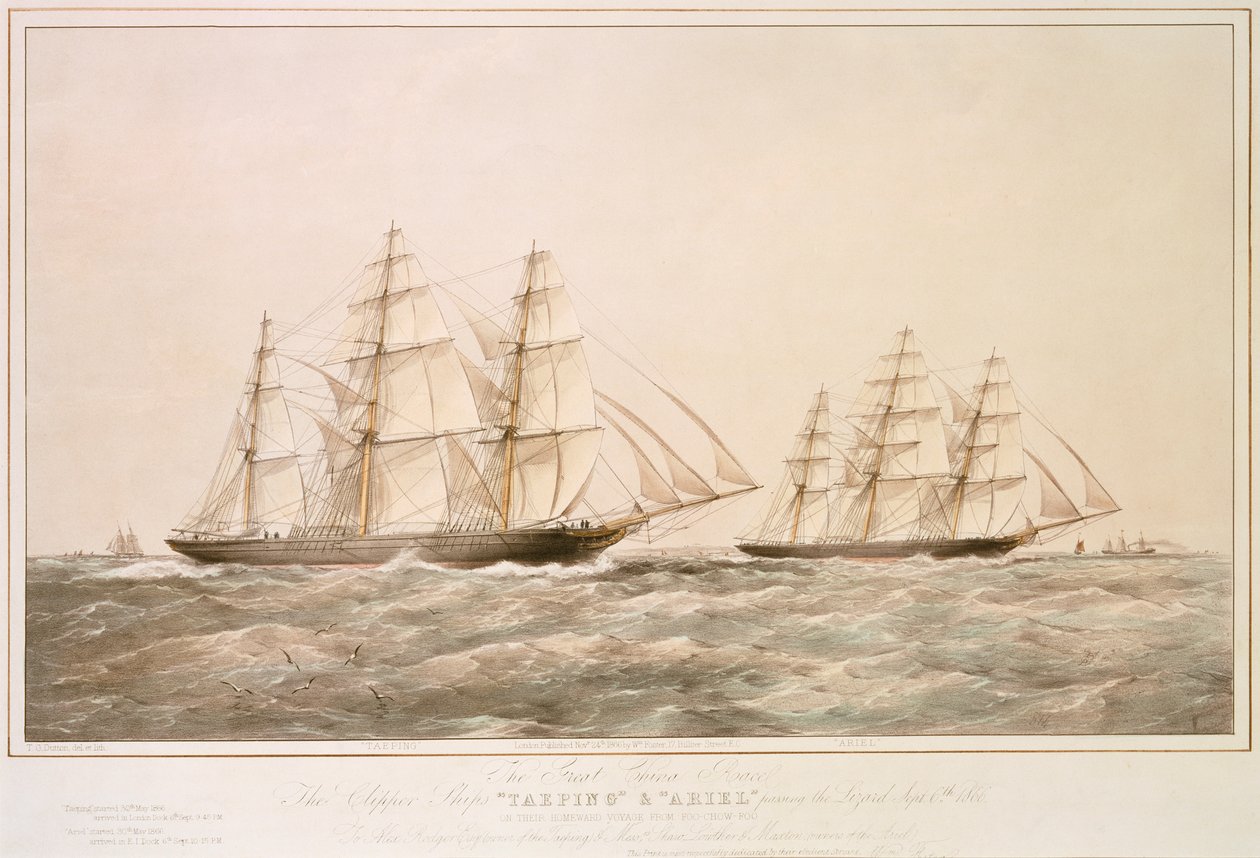 The Great China Race: Clipper-alukset "Taeping" ja "Ariel" ohittavat Lizardin 6. syyskuuta 1866 kotimatkallaan Foo-Chow-Foosta. tekijältä Thomas Goldsworth Dutton