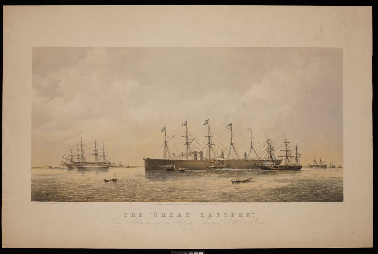 Great Eastern, lähdössä Sheernessistä Atlantin lennätinkaapeli laivassa kesäkuu 1866 (litografia, sävytetty). tekijältä Thomas Goldsworth Dutton