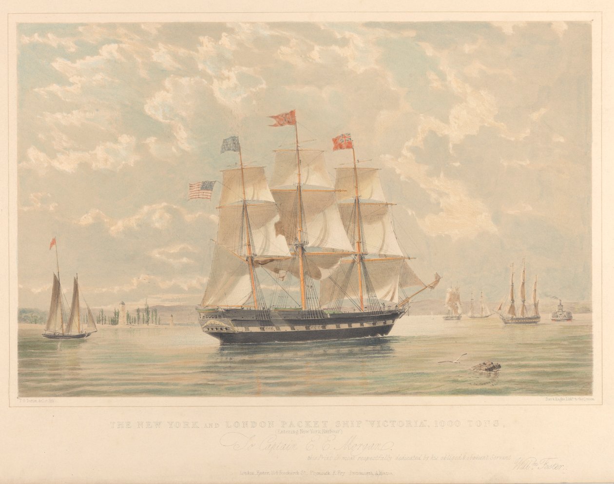 New Yorkin ja Lontoon pakettilaiva Victoria (saapuu New Yorkin satamaan), noin 1839-44 (litografia, värillinen). tekijältä Thomas Goldsworth Dutton