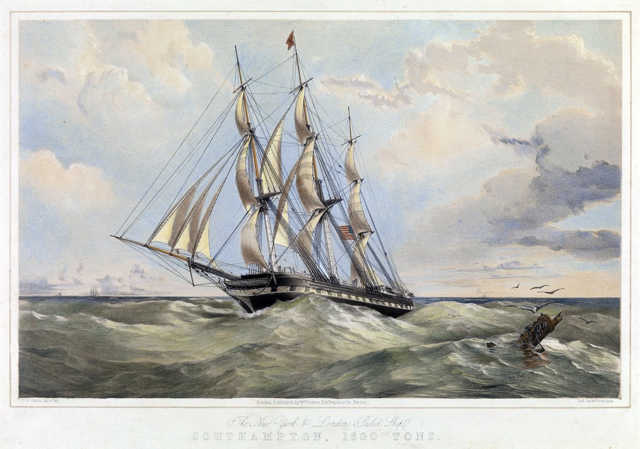 New Yorkin linjan purjevene (Yhdysvallat) Lontoo (Englanti), Southampton (kapasiteetti 1600 tonnia). Thomas Goldsworth Duttonin (1819-1891) värilitografia. tekijältä Thomas Goldsworth Dutton