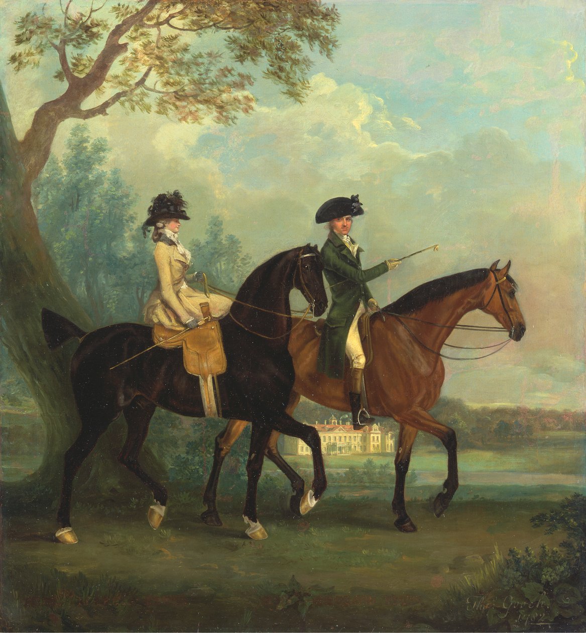 Marcia Pitt ja hänen veljensä George Pitt, myöhemmin toinen Baron Rivers, ratsastaa puistossa Stratfield Saye Housessa, Hampshiressa tekijältä Thomas Gooch