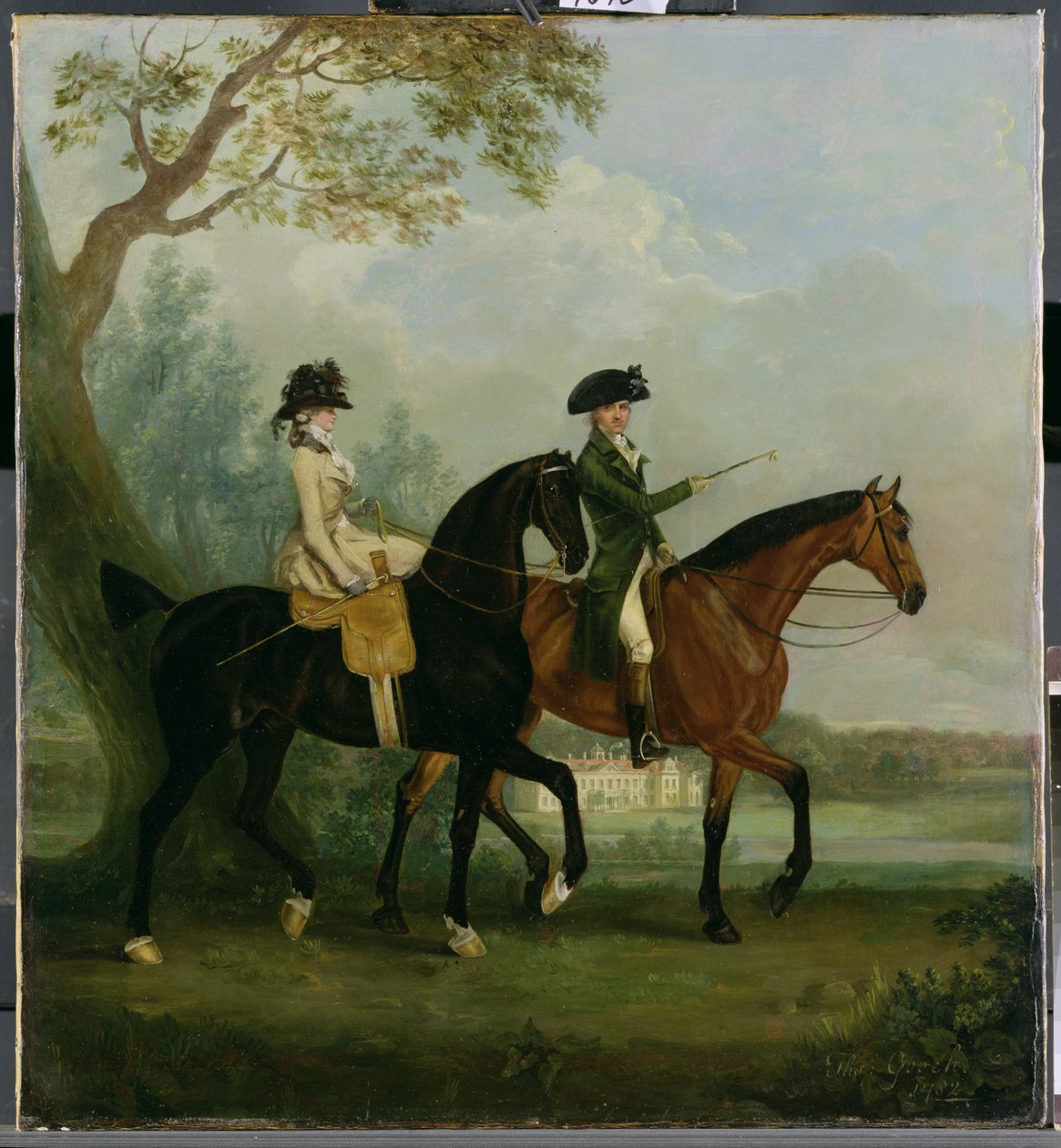 The Hon. Marcia Pitt ratsastaa veljensä kanssa. George Pitt (myöhemmin 2. Lord Rivers) Stratfield Saye Housen puistossa, 1782 tekijältä Thomas Gooch