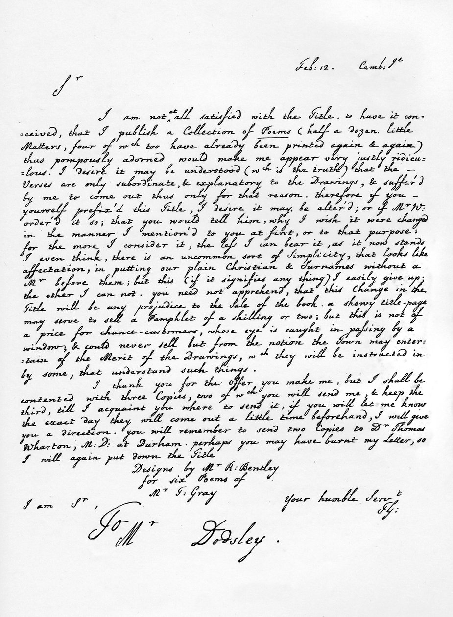 Thomas Grayn kirje hänen runollisten teostensa painostamisesta, c1753, 1840 tekijältä Thomas Gray
