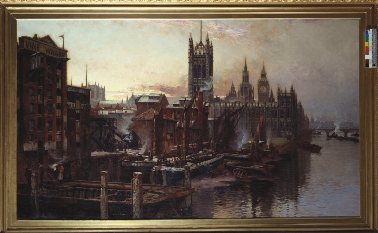 Näkymä parlamenttitalolle Thames-joelta, Lontoossa (öljy kankaalle) tekijältä Thomas Greenhalgh