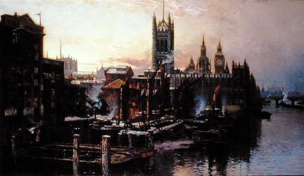 Näkymä parlamenttitalolle Thames-joelta, Lontoossa (öljy kankaalle) tekijältä Thomas Greenhalgh