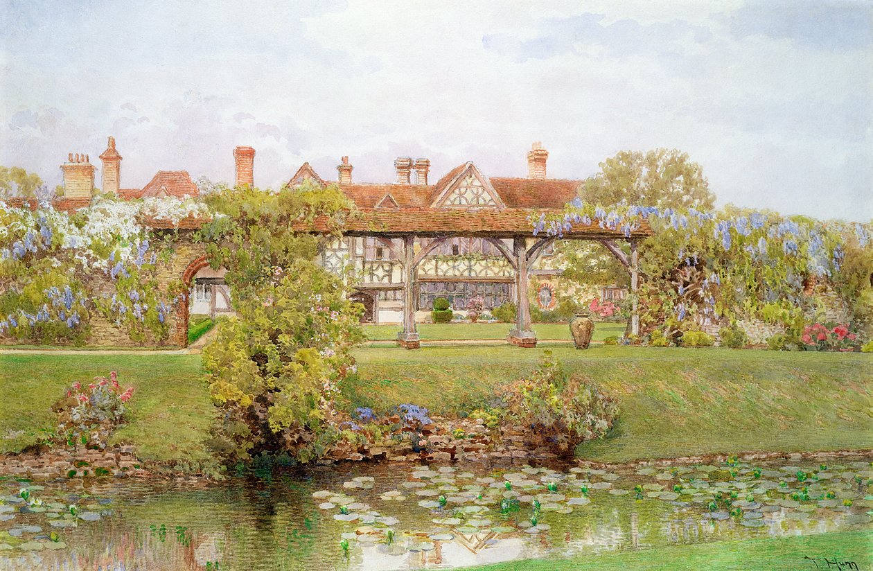 Great Tangley Manor, Surrey, jossa on Lily Pond ja katettu kävelymatka tekijältä Thomas H. Hunn