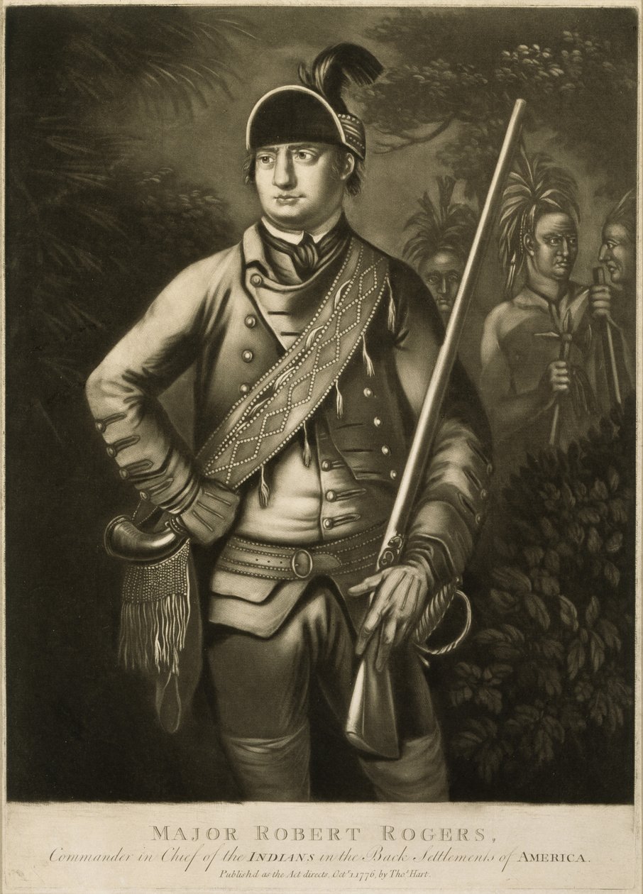 Majuri Robert Rogers, Amerikan takasiirtokuntien intiaanien komentaja, n. 1776 (mezzotint) tekijältä Thomas Hart