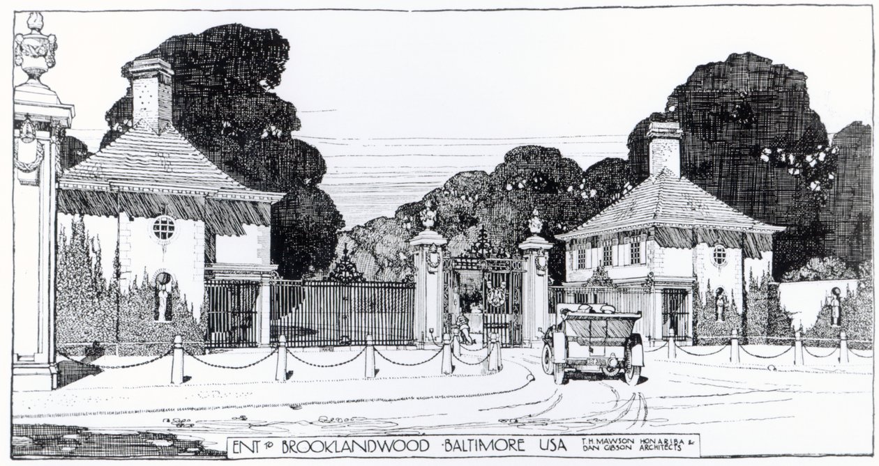 Sisäänpääsy Brooklandwoodiin, Baltimore, USA, Thomas Mawsonin teoksesta "The Art and Craft of Garden Making" tekijältä Thomas Hayton Mawson
