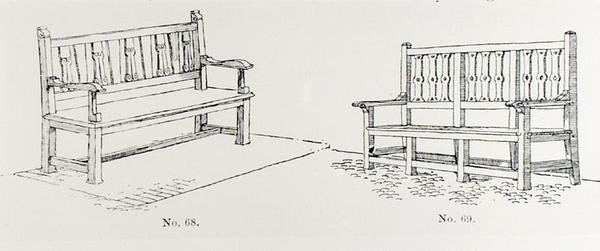 Puutarhapenkit, Thomas Mawsonin teoksesta "The Art and Craft of Garden Making", julkaistu 1900 (kaiverrus) (m/v kuva) tekijältä Thomas Hayton Mawson