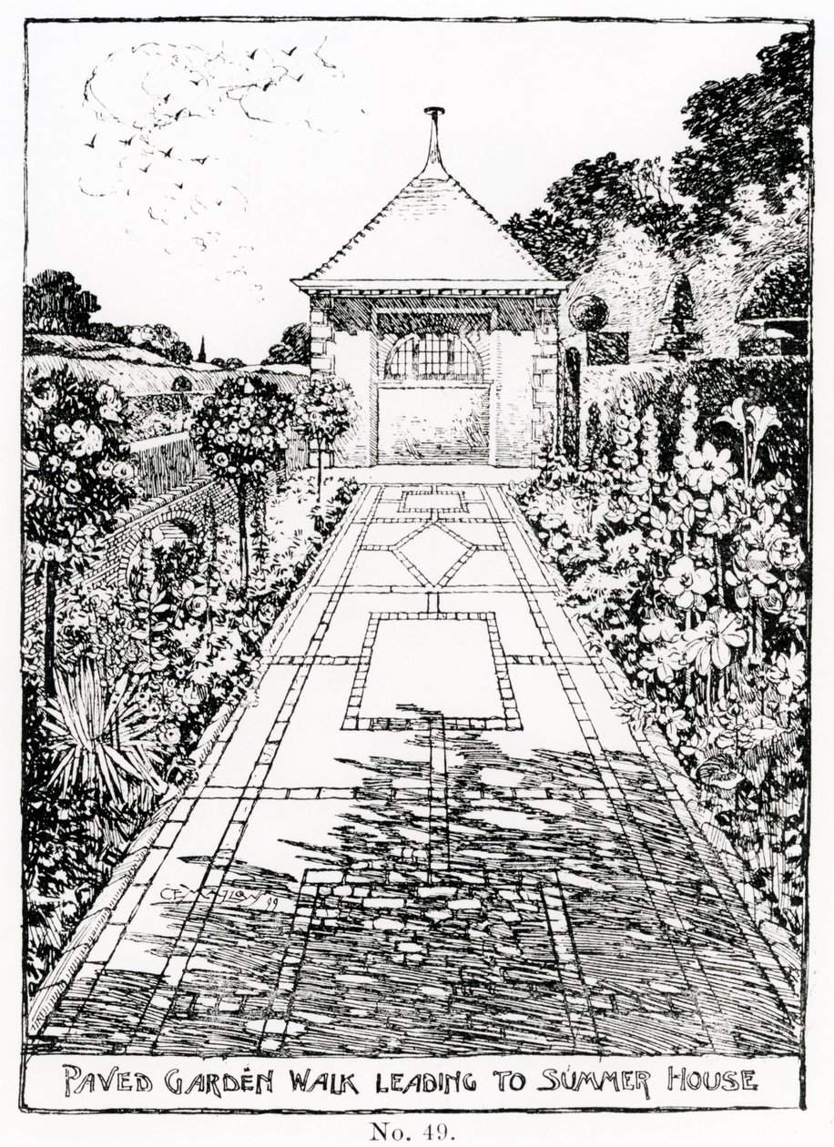 Paved Garden Walk, joka johtaa kesämökkiin, Thomas Mawsonin teoksesta "The Art and Craft of Garden Making", julkaistu 1900 tekijältä Thomas Hayton Mawson