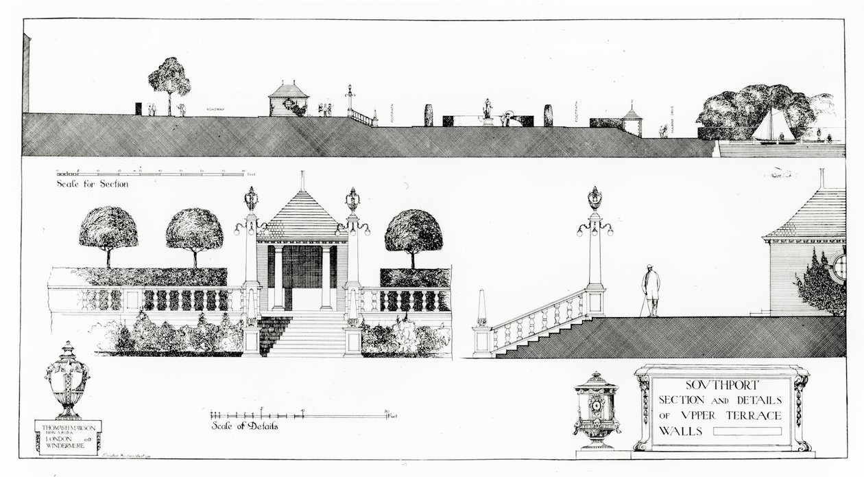 Southport: Yläterassin ja seinien osa ja yksityiskohdat, Thomas Mawsonin "Studies in Town Planning", julkaistu 1911 tekijältä Thomas Hayton Mawson