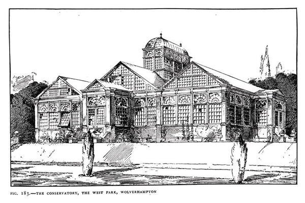 The Conservatory, the West Park, Wolverhampton, teoksesta "The Art and Craft of Garden Making", julkaistu 1900 (litho) (m/v kuva) tekijältä Thomas Hayton Mawson