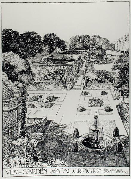 Näkymä puutarhaan, Broad Oak, Accrington, Thomas Mawsonin teoksesta The Art and Craft of Garden Making, julkaistu 1900 (kaiverrus) (m/v kuva) tekijältä Thomas Hayton Mawson