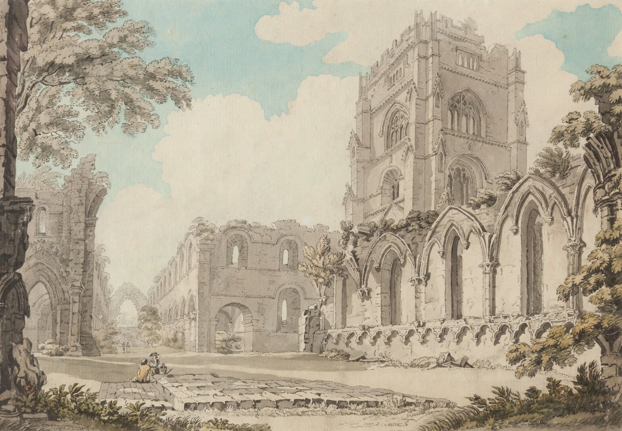 Fountains Abbey, päivämäärä tuntematon (vesiväri paperille) tekijältä Thomas Hearne