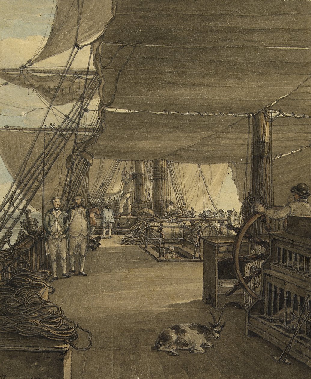 Kohtaus HMS Deal Castle -aluksen kyydissä Länsi-Intian matkalla vuonna 1775. Akvarelli tekijältä Thomas Hearne