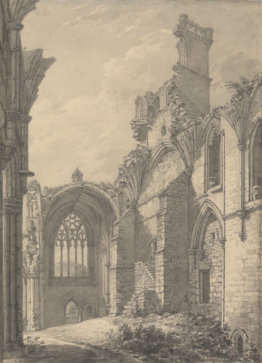 Melrose Abbeyn transept, 1778 lähellä vanhaa Melrosea Tweed-joella, Roxburgh tekijältä Thomas Hearne