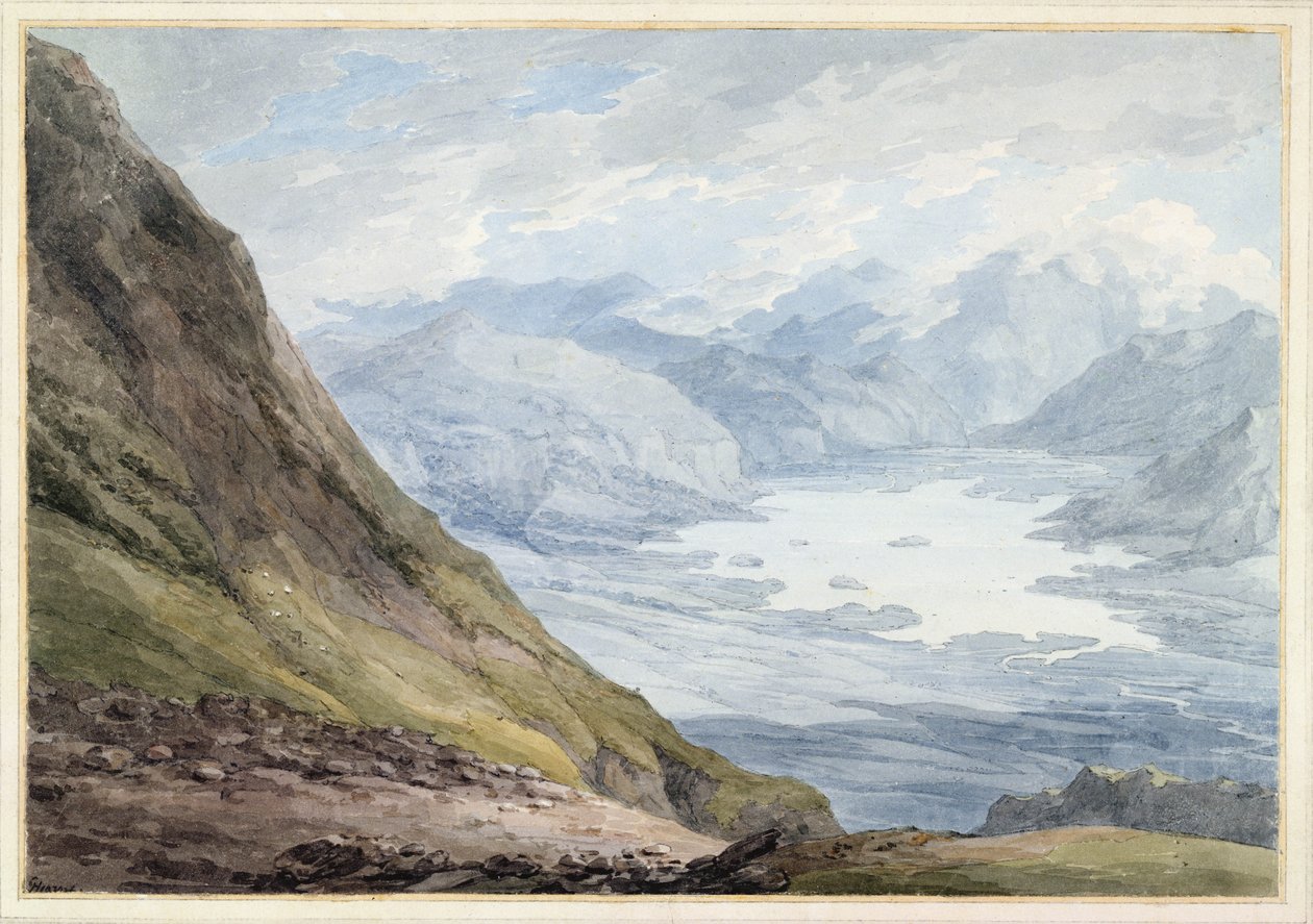 Näkymä Skiddawsta Derwentwaterin yli (wc kynällä paperilla) tekijältä Thomas Hearne
