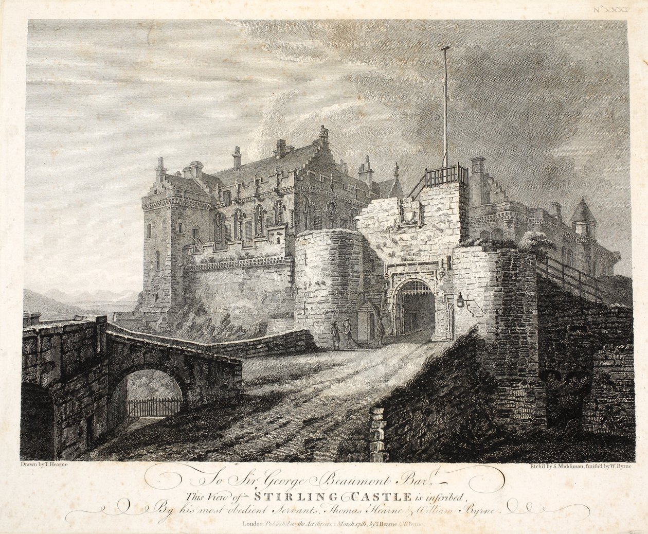 Näkymä Stirlingin linnalle, eng. William Byrne, pubi. 1781 tekijältä Thomas Hearne