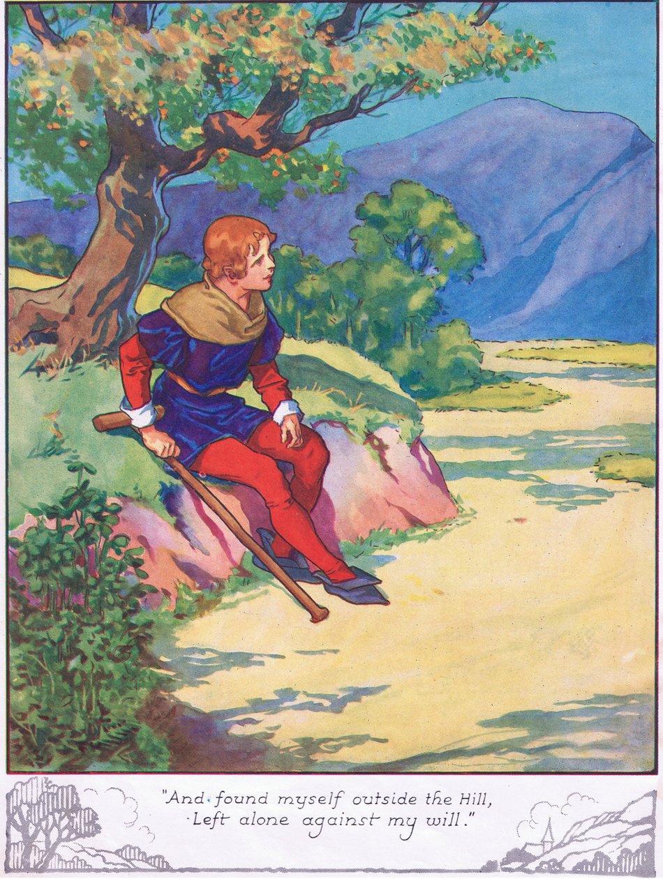 "Ja löysin itseni kukkulan ulkopuolelta, yksin jätettynä vastoin tahtoani" (värilitografia). tekijältä Thomas Heath Robinson
