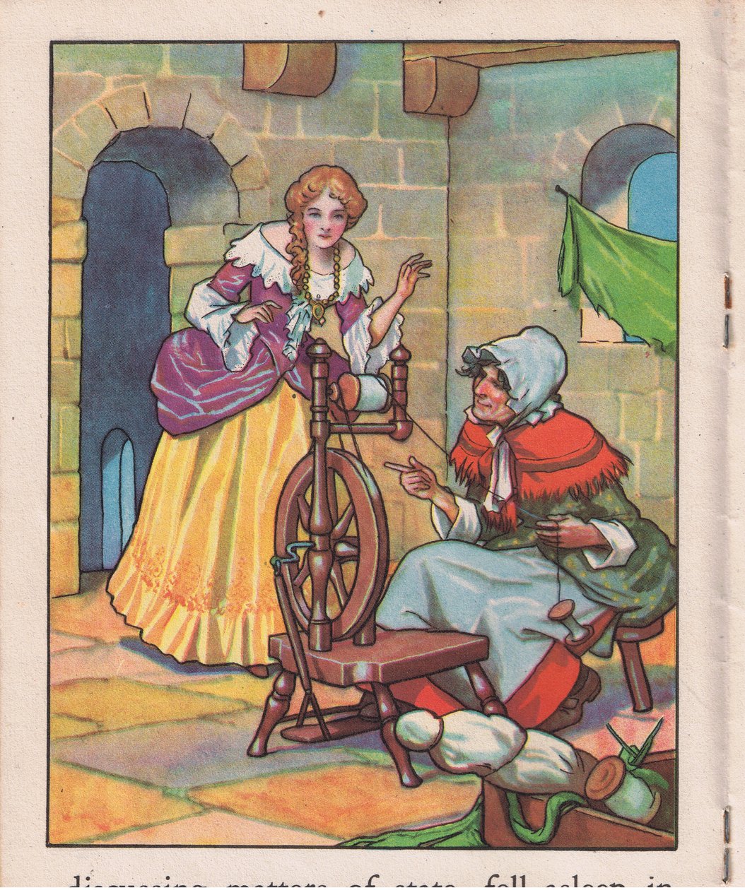 Nukkumassa kehruupyörän ääressä (litografia) tekijältä Thomas Heath Robinson