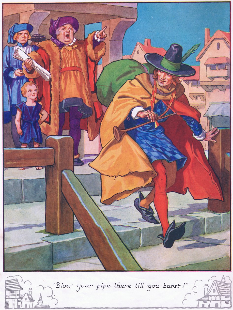 "Puhalla piippuasi, kunnes puhkeat!" (värilitografia) tekijältä Thomas Heath Robinson