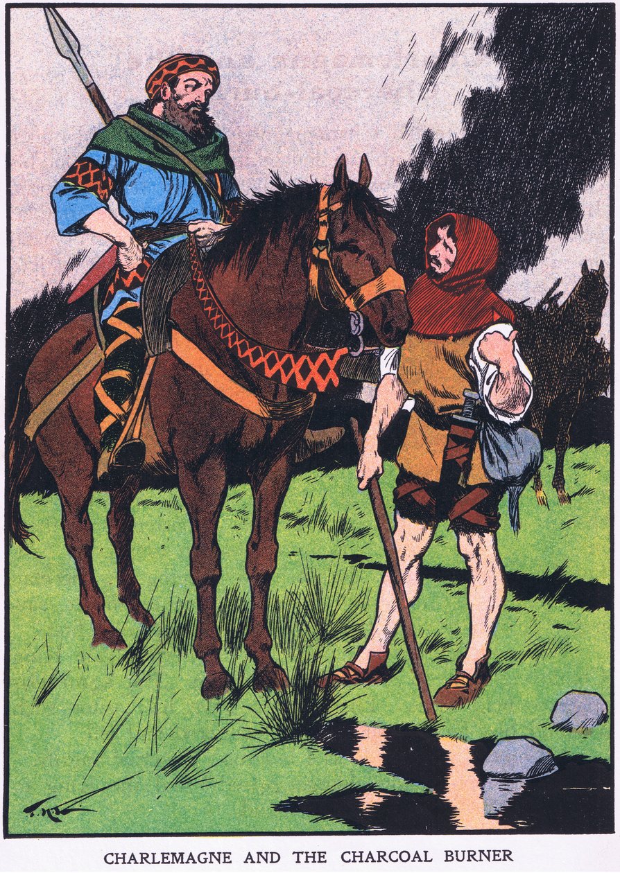 Kaarle Suuri ja hiilipoltin (värilitografia) tekijältä Thomas Heath Robinson