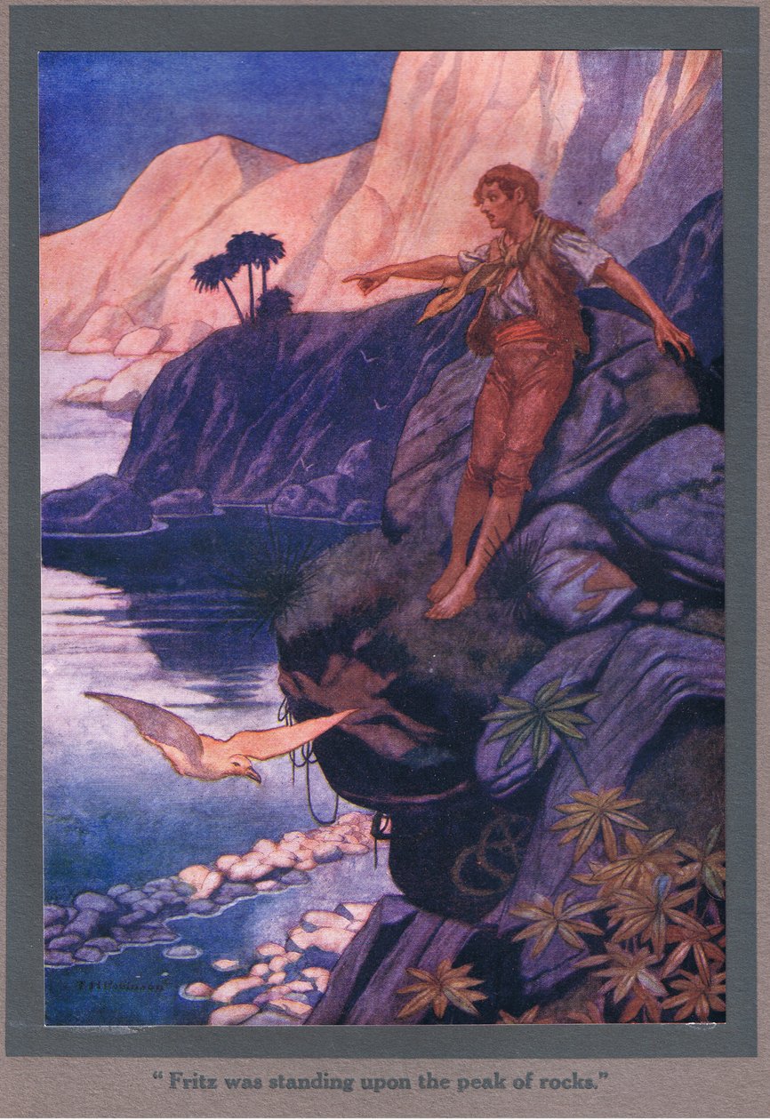 Fritz seisoi kallion huipulla (värilitografia)... tekijältä Thomas Heath Robinson