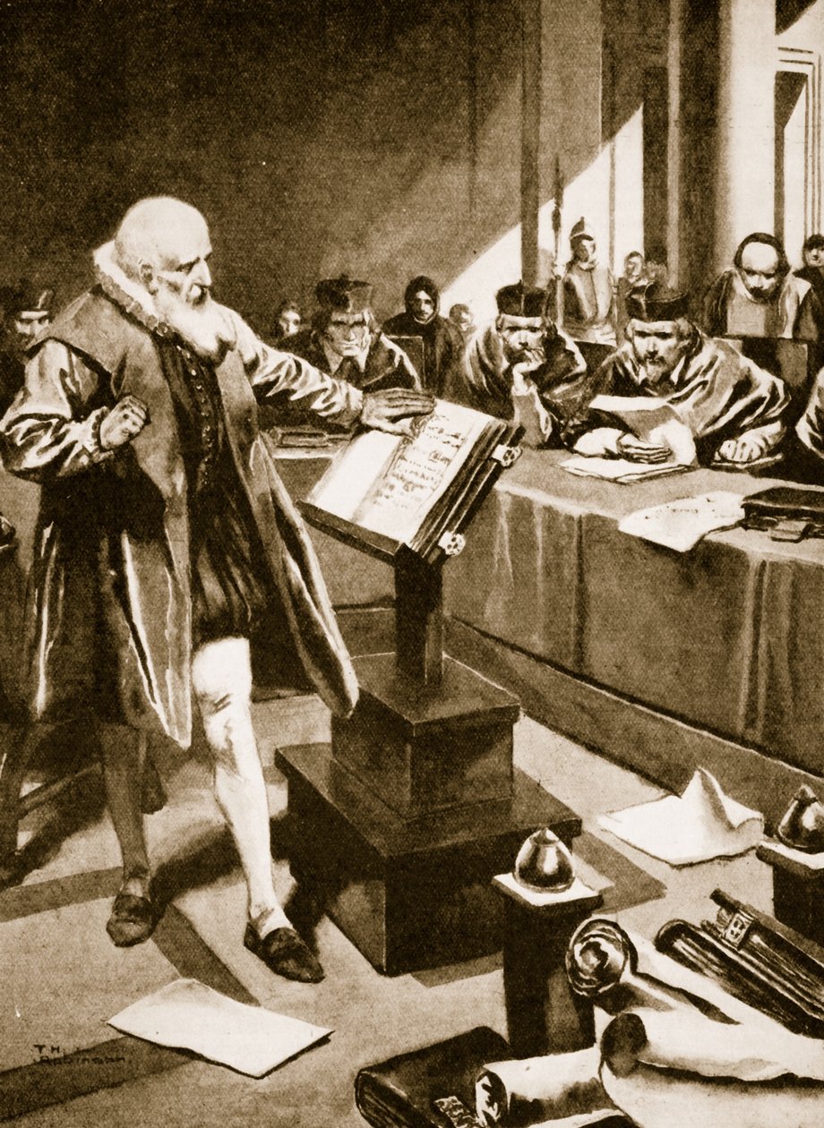 Galileo esiintyy kardinaalien edessä (litografia) tekijältä Thomas Heath Robinson