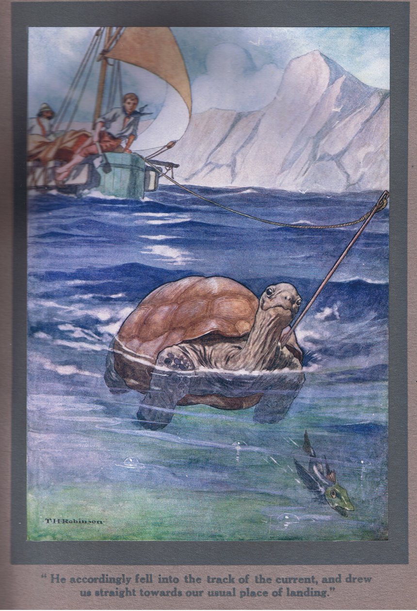 Näin ollen hän ajautui oikovirran jäljille ja vei meidät suoraan kohti tavanomaista rantautumispaikkaamme (värilitografia). tekijältä Thomas Heath Robinson